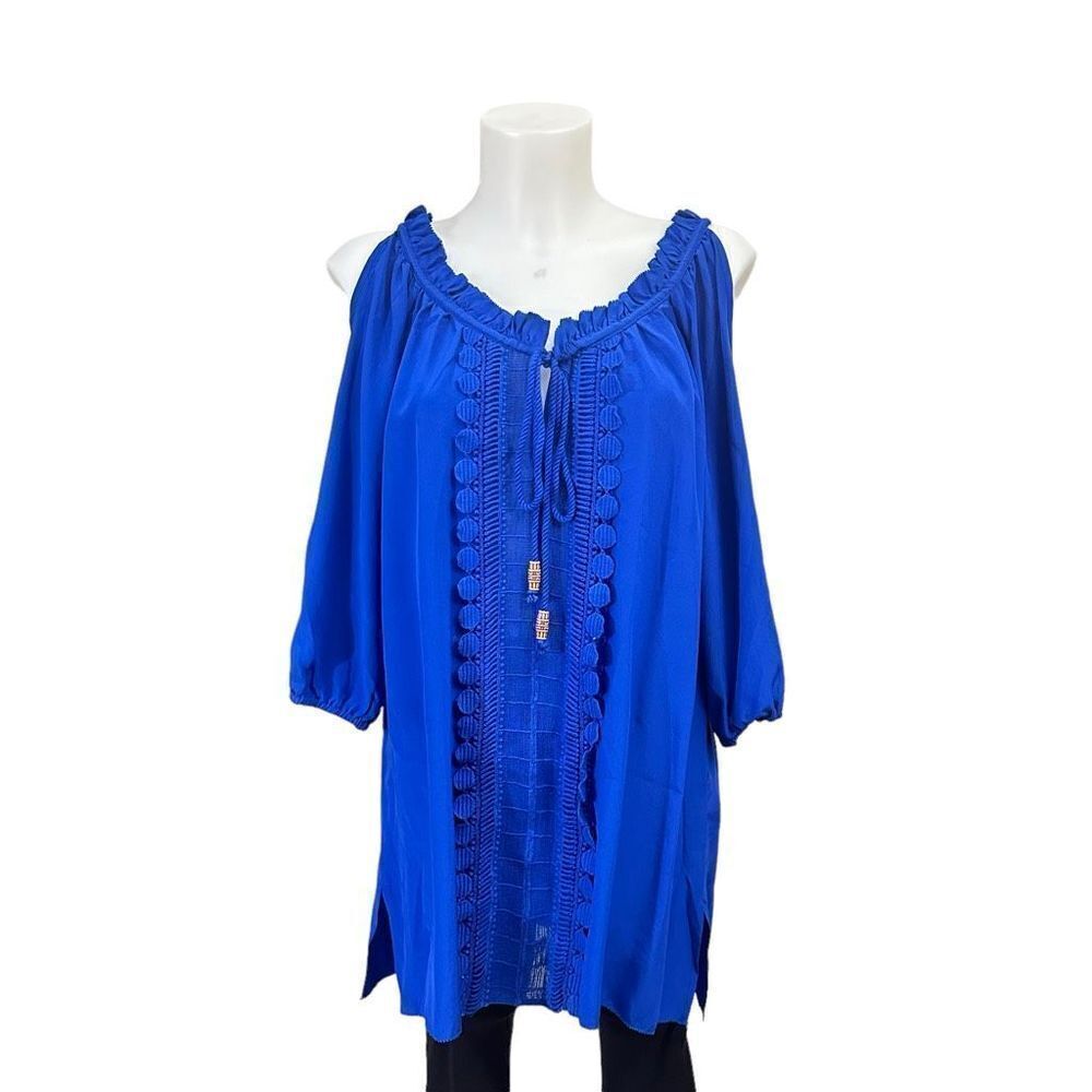 Tracy Reese Blue‎ Cold Shoulder Scoop Neck Tunic Blouse size large 100% Silk